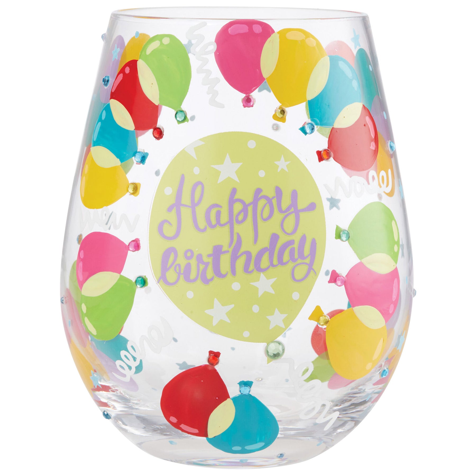 Lolita Happy Birthday Balloons Handpainted Stemless Wine Glass, 20 oz ...